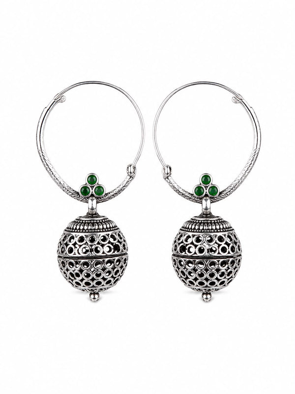 Traditional Green Stone Studded Filigree Jhumkas