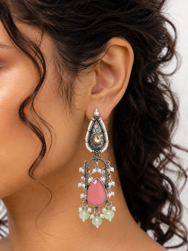 Silver Oxidised Pink Monalisa Stone Dangle Earrings