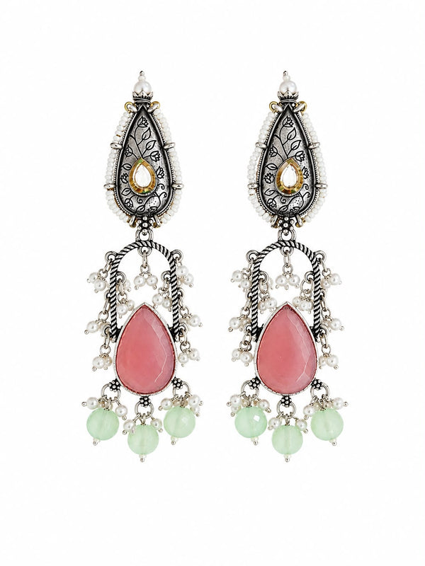 Silver Oxidised Pink Monalisa Stone Dangle Earrings