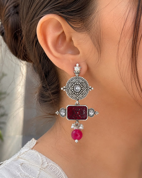Antique Silver-Plated Tribal Geometric Drop Earrings